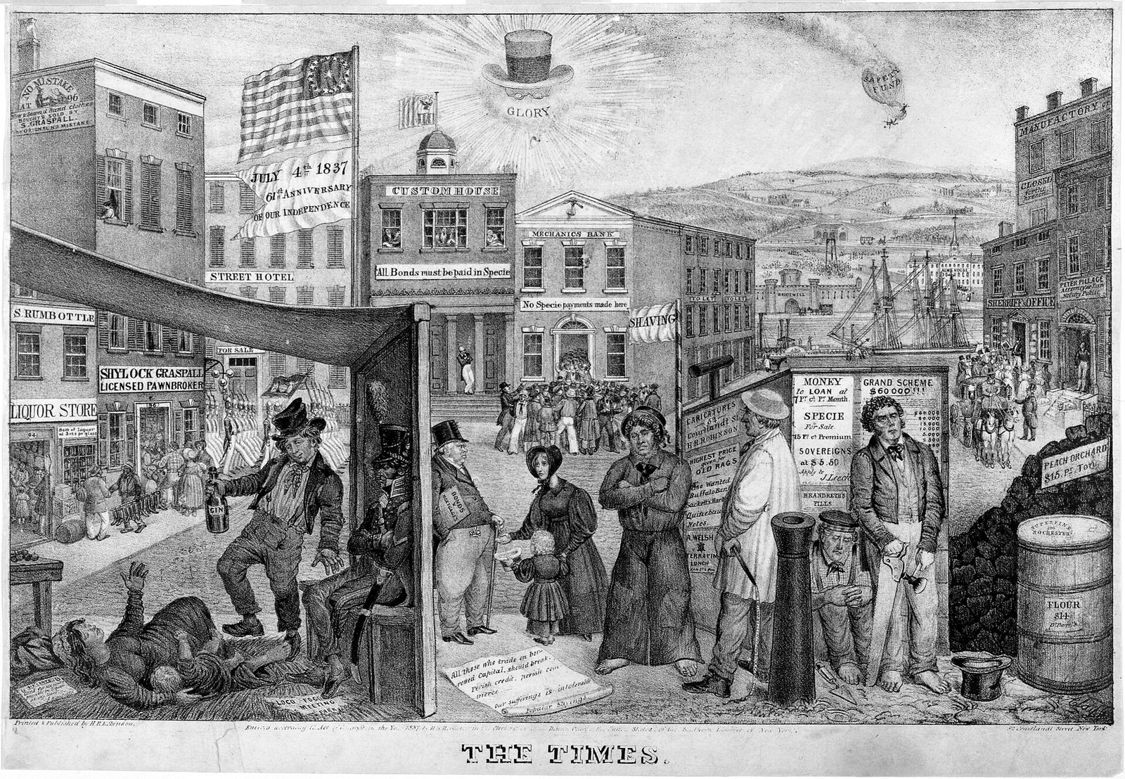 An 1837 cartoon of a New York street scene during the financial panic