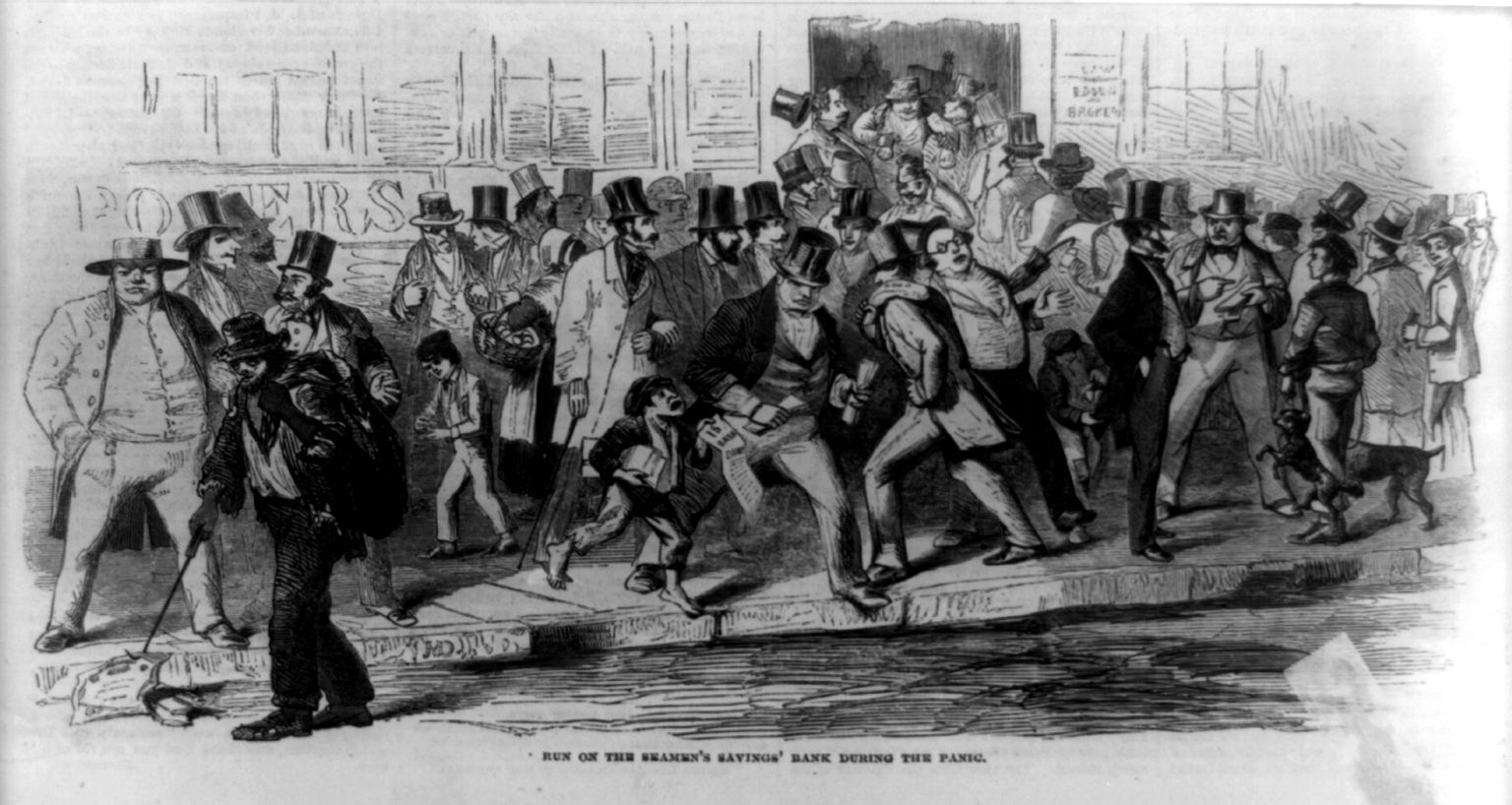 An engraving of a crowd in a run on the Seamen’s Savings Bank, 1857