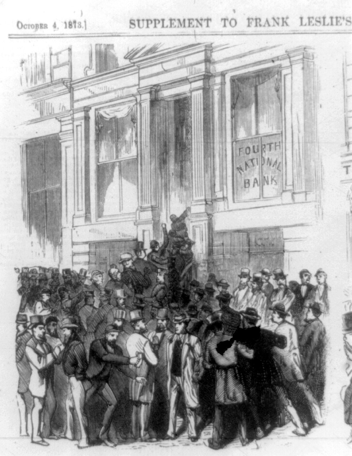 An engraving of a crowd in a run on the Fourth National Bank, 1873